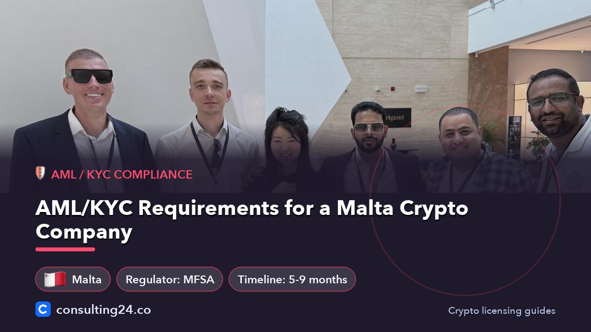 AML/KYC Requirements for a Malta Crypto Company: cover image with the Malta flag and regulator MFSA, timeline 5-9 months (AML / KYC compliance, Consulting24)