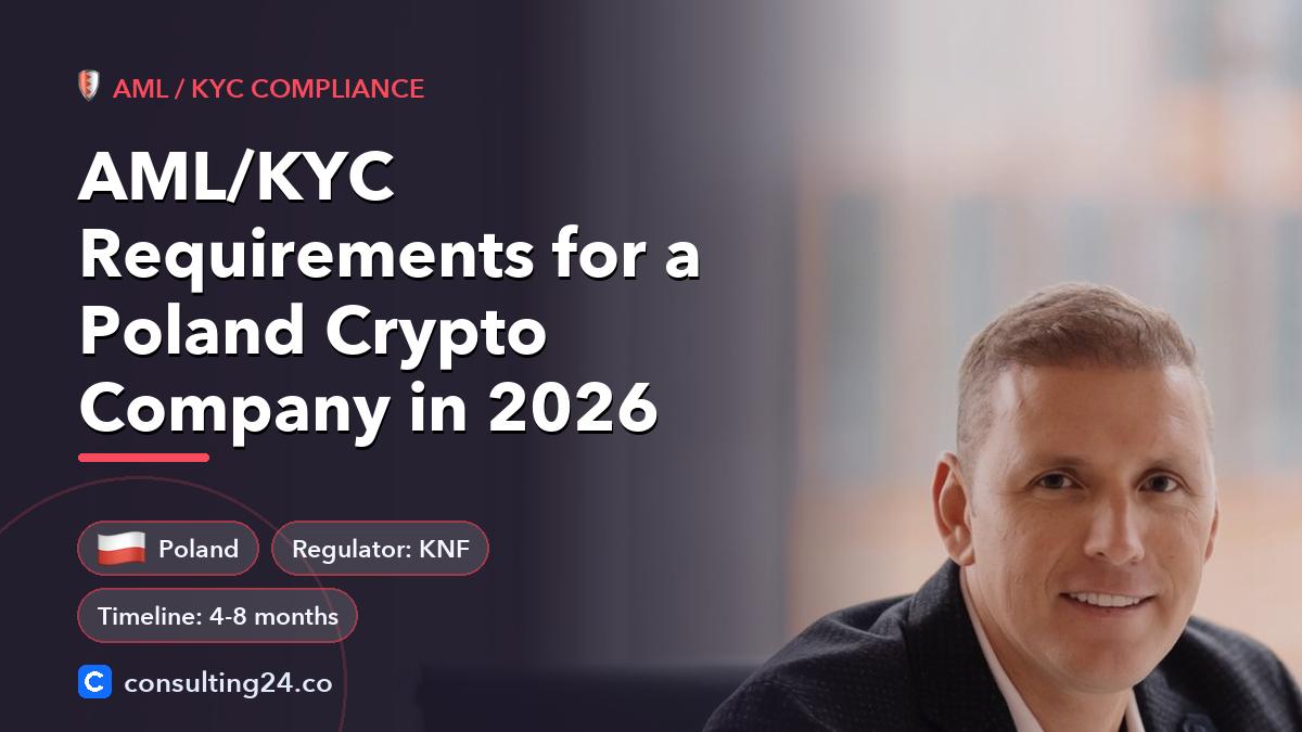 AML/KYC Requirements for a Poland Crypto Company in 2026: cover image with the Poland flag and regulator KNF, timeline 4-8 months (AML / KYC compliance, Consulting24)