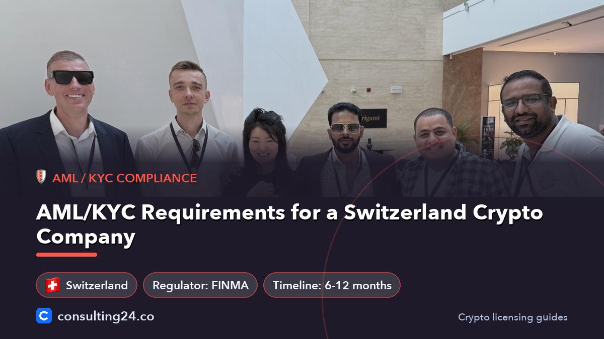 AML/KYC Requirements for a Switzerland Crypto Company: cover image with the Switzerland flag and regulator FINMA, timeline 6-12 months (AML / KYC compliance, Consulting24)