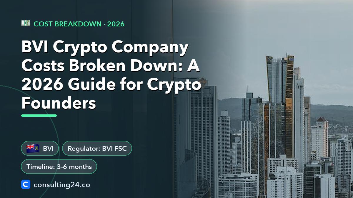 BVI Crypto Company Costs Broken Down: A 2026 Guide for Crypto Founders: cover image with the BVI flag and regulator BVI FSC, timeline 3-6 months (Cost breakdown, Consulting24)