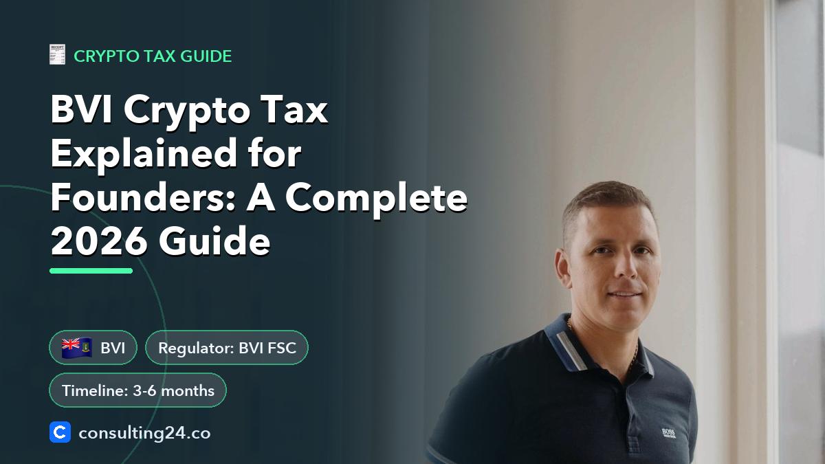 BVI Crypto Tax Explained for Founders: A Complete 2026 Guide: cover image with the BVI flag and regulator BVI FSC, timeline 3-6 months (Crypto tax guide, Consulting24)