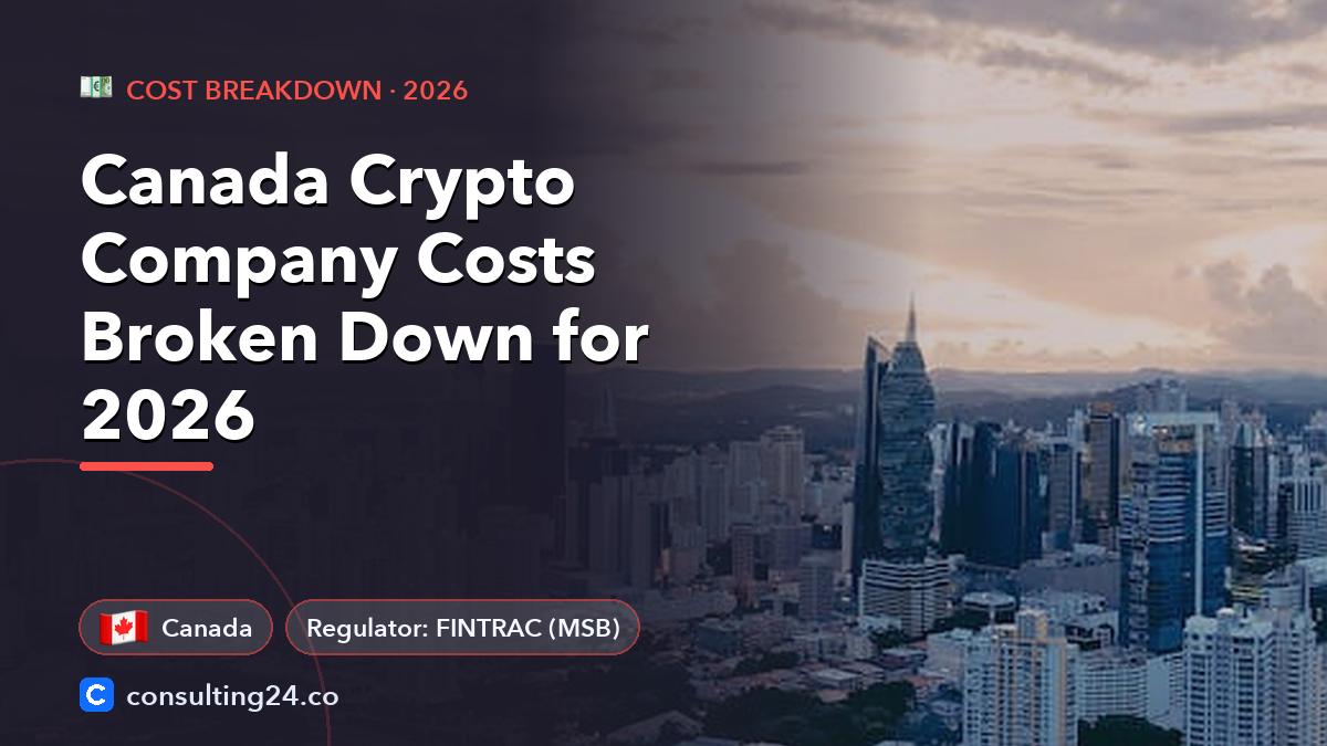 Canada Crypto Company Costs Broken Down for 2026: cover image with the Canada flag and regulator FINTRAC (MSB) (Cost breakdown, Consulting24)