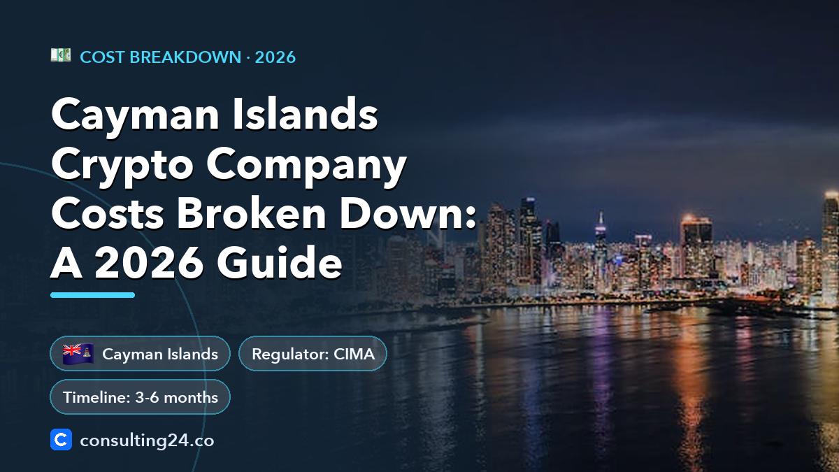 Cayman Islands Crypto Company Costs Broken Down: A 2026 Guide: cover image with the Cayman Islands flag and regulator CIMA, timeline 3-6 months (Cost breakdown, Consulting24)