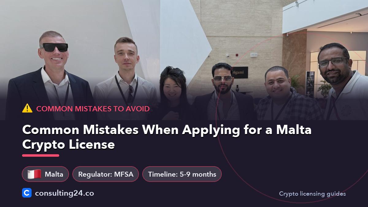 Common Mistakes When Applying for a Malta Crypto License: cover image with the Malta flag and regulator MFSA, timeline 5-9 months (Common mistakes to avoid, Consulting24)