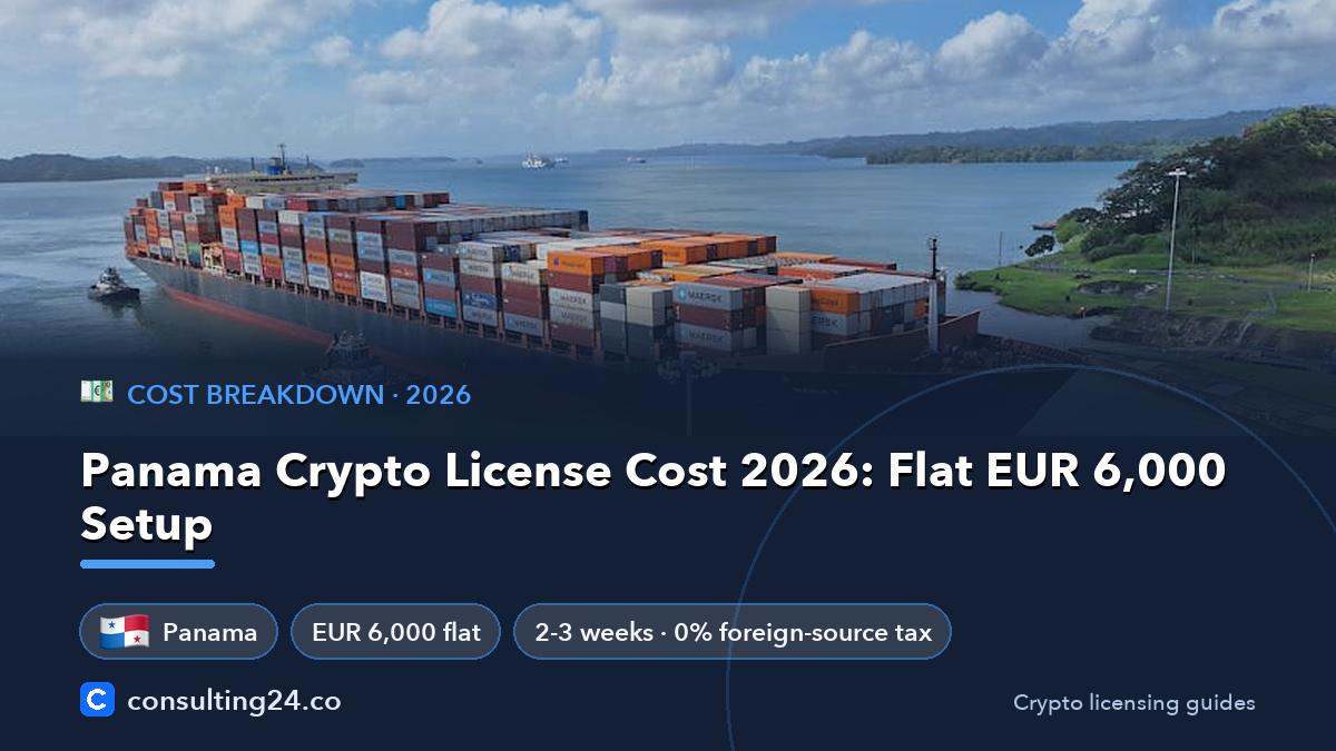 Panama Crypto License Cost 2026: Flat EUR 6,000 Setup: cover image with the Panama flag and EUR 6,000 flat, 2-3 weeks · 0% foreign-source tax (Cost breakdown, Consulting24)
