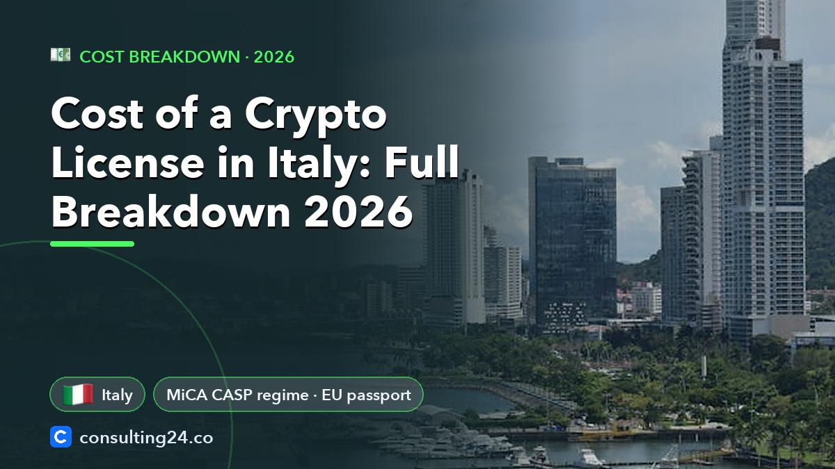 Cost of a Crypto License in Italy: Full Breakdown 2026: cover image with the Italy flag and MiCA CASP regime · EU passport (Cost breakdown, Consulting24)