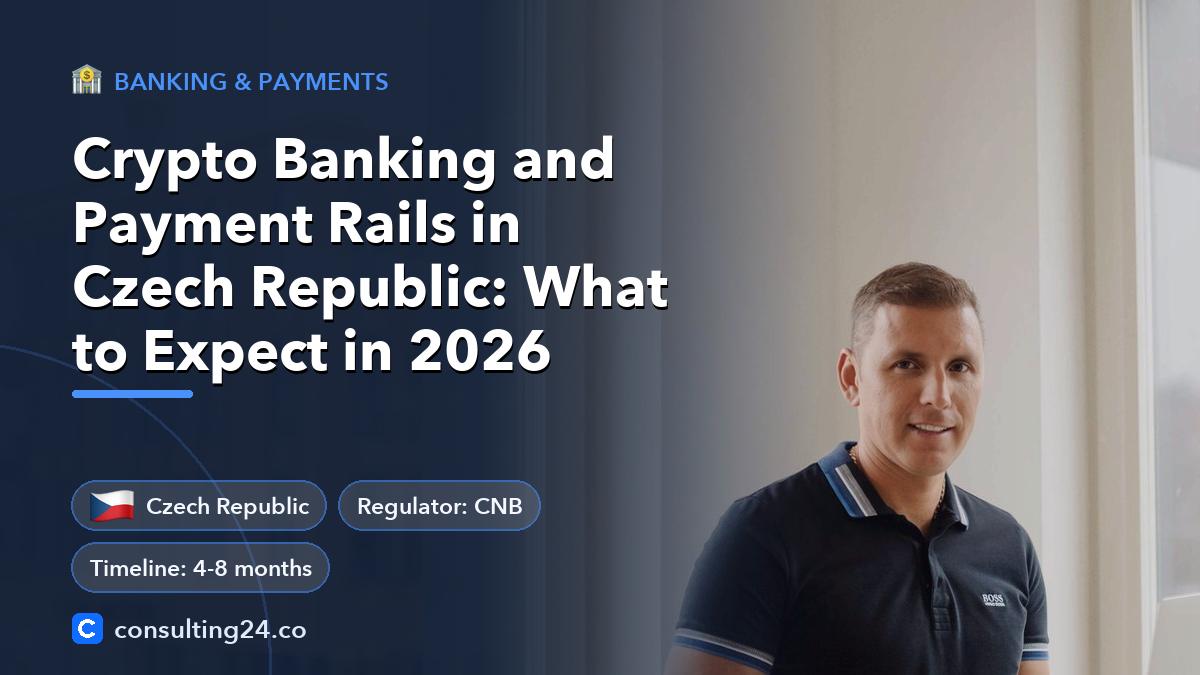 Crypto Banking and Payment Rails in Czech Republic: What to Expect in 2026: cover image with the Czech Republic flag and regulator CNB, timeline 4-8 months (Banking & payments, Consulting24)
