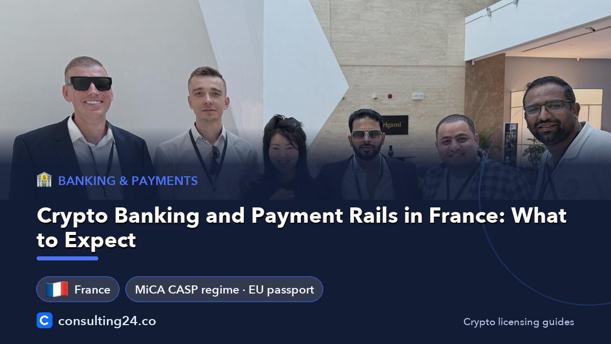 Crypto Banking and Payment Rails in France: What to Expect: cover image with the France flag and MiCA CASP regime · EU passport (Banking & payments, Consulting24)