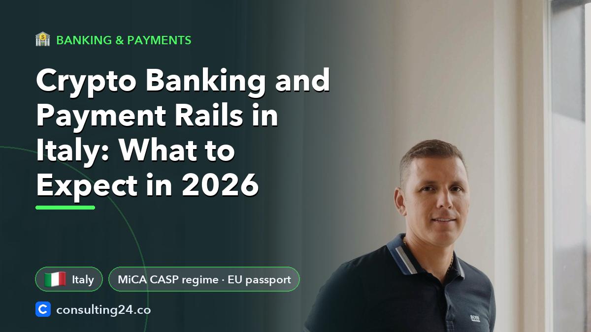 Crypto Banking and Payment Rails in Italy: What to Expect in 2026: cover image with the Italy flag and MiCA CASP regime · EU passport (Banking & payments, Consulting24)