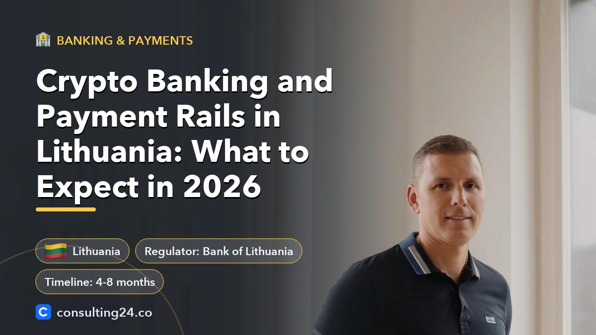 Crypto Banking and Payment Rails in Lithuania: What to Expect in 2026: cover image with the Lithuania flag and regulator Bank of Lithuania, timeline 4-8 months (Banking & payments, Consulting24)