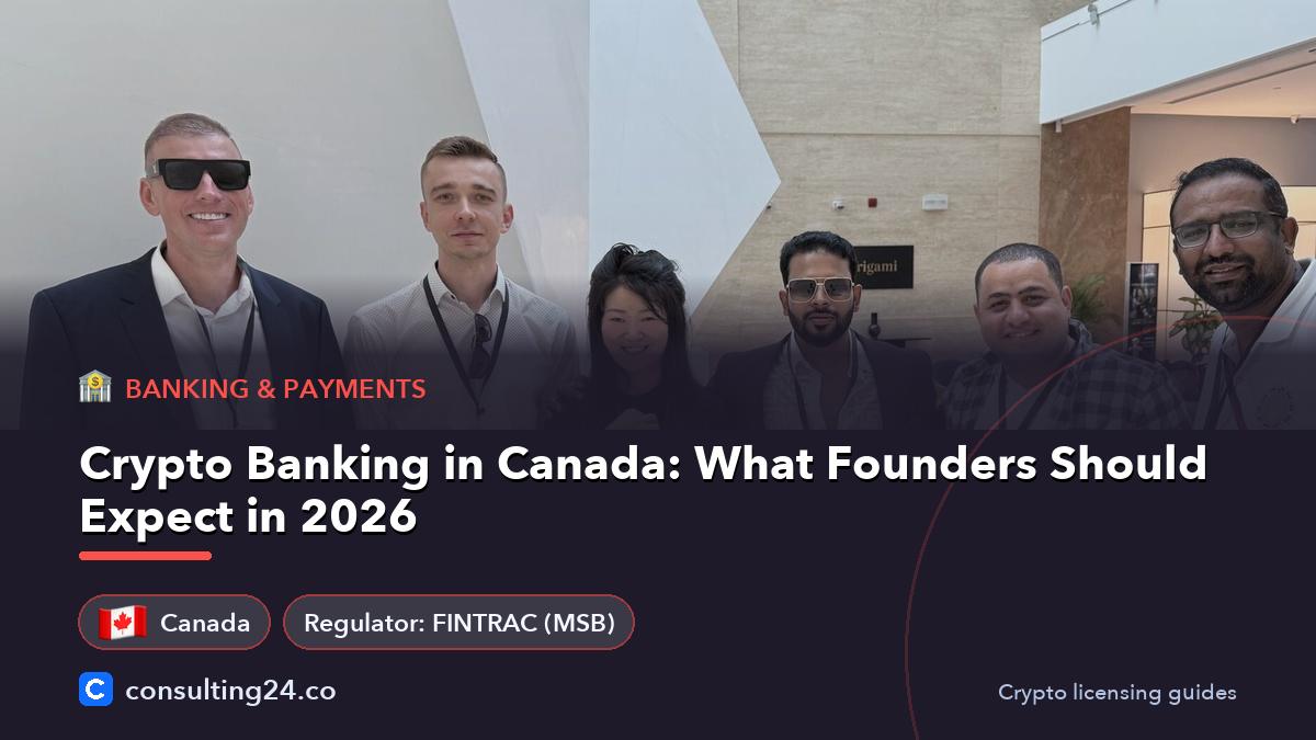 Crypto Banking in Canada: What Founders Should Expect in 2026: cover image with the Canada flag and regulator FINTRAC (MSB) (Banking & payments, Consulting24)