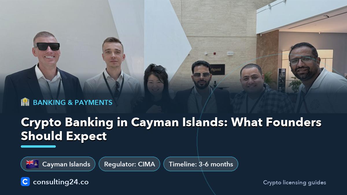 Crypto Banking in Cayman Islands: What Founders Should Expect: cover image with the Cayman Islands flag and regulator CIMA, timeline 3-6 months (Banking & payments, Consulting24)