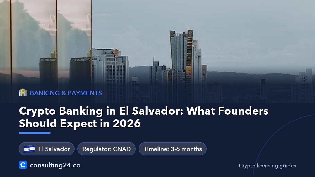 Crypto Banking in El Salvador: What Founders Should Expect in 2026: cover image with the El Salvador flag and regulator CNAD, timeline 3-6 months (Banking & payments, Consulting24)