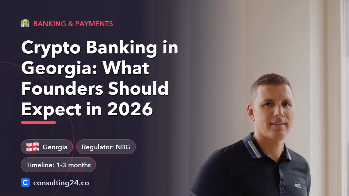 Crypto Banking in Georgia: What Founders Should Expect in 2026: cover image with the Georgia flag and regulator NBG, timeline 1-3 months (Banking & payments, Consulting24)