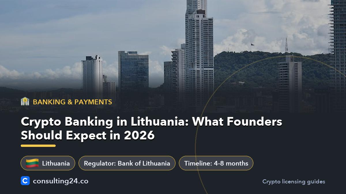 Crypto Banking in Lithuania: What Founders Should Expect in 2026: cover image with the Lithuania flag and regulator Bank of Lithuania, timeline 4-8 months (Banking & payments, Consulting24)