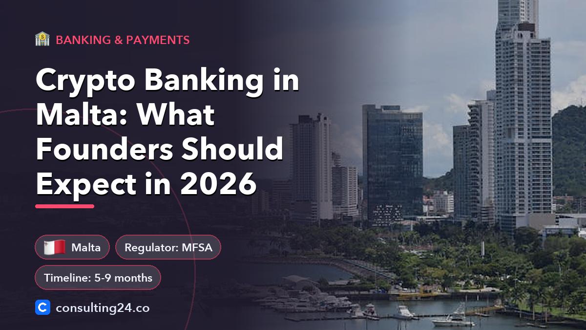 Crypto Banking in Malta: What Founders Should Expect in 2026: cover image with the Malta flag and regulator MFSA, timeline 5-9 months (Banking & payments, Consulting24)