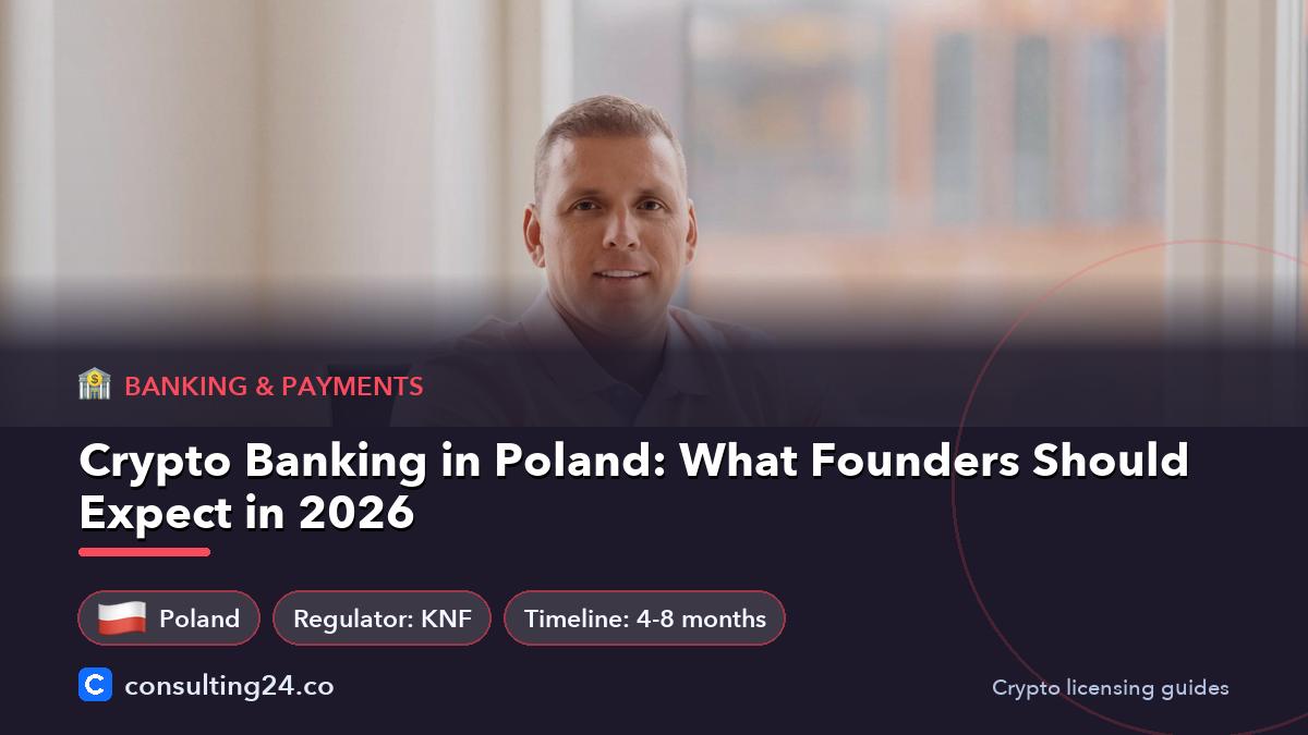 Crypto Banking in Poland: What Founders Should Expect in 2026: cover image with the Poland flag and regulator KNF, timeline 4-8 months (Banking & payments, Consulting24)