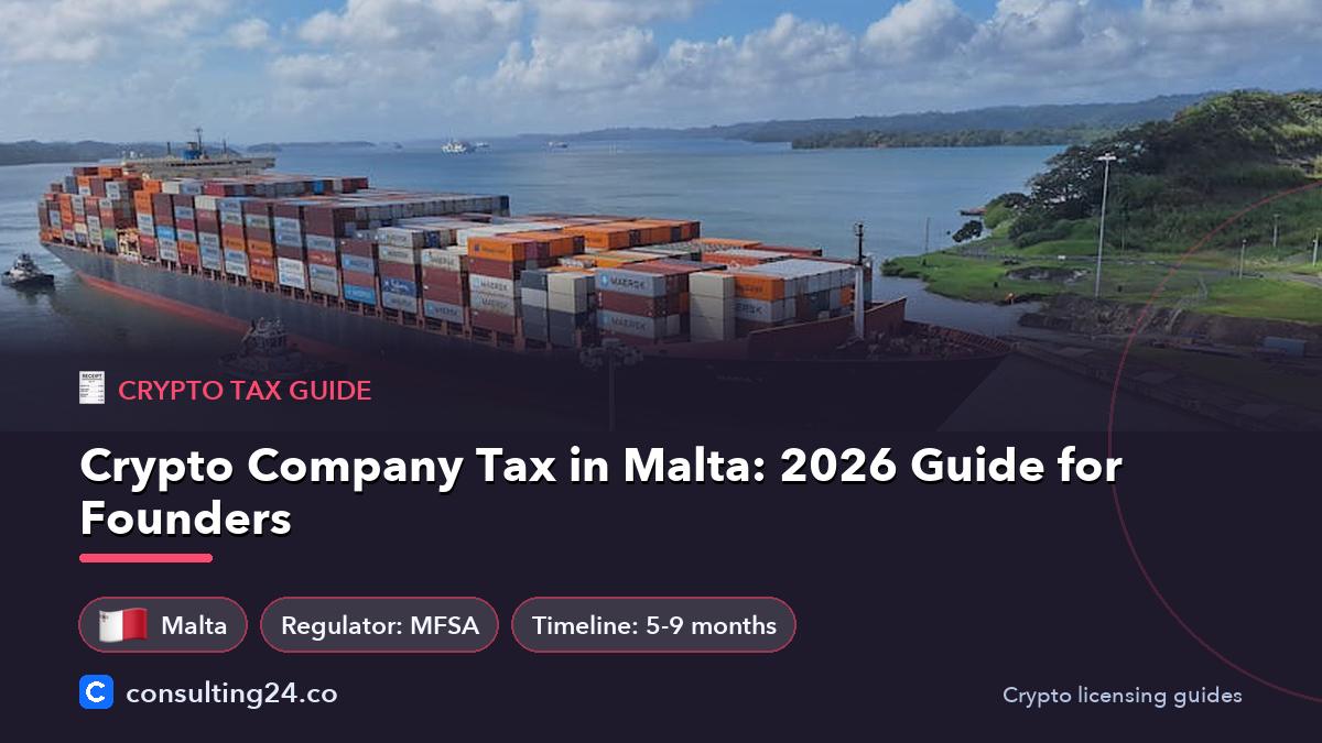 Crypto Company Tax in Malta: 2026 Guide for Founders: cover image with the Malta flag and regulator MFSA, timeline 5-9 months (Crypto tax guide, Consulting24)