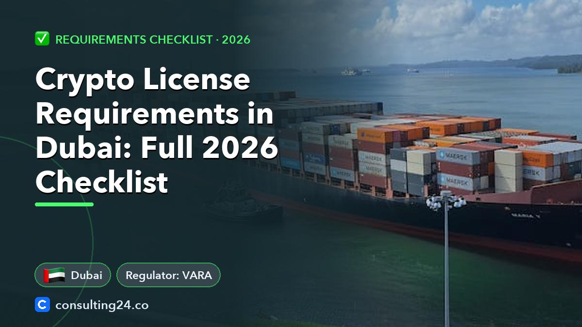Crypto License Requirements in Dubai: Full 2026 Checklist: cover image with the UAE flag and regulator VARA (Requirements checklist, Consulting24)