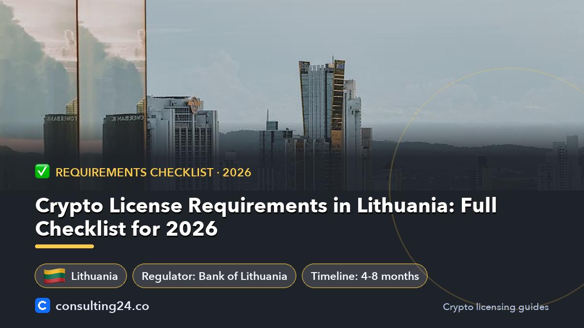 Crypto License Requirements in Lithuania: Full Checklist for 2026: cover image with the Lithuania flag and regulator Bank of Lithuania, timeline 4-8 months (Requirements checklist, Consulting24)