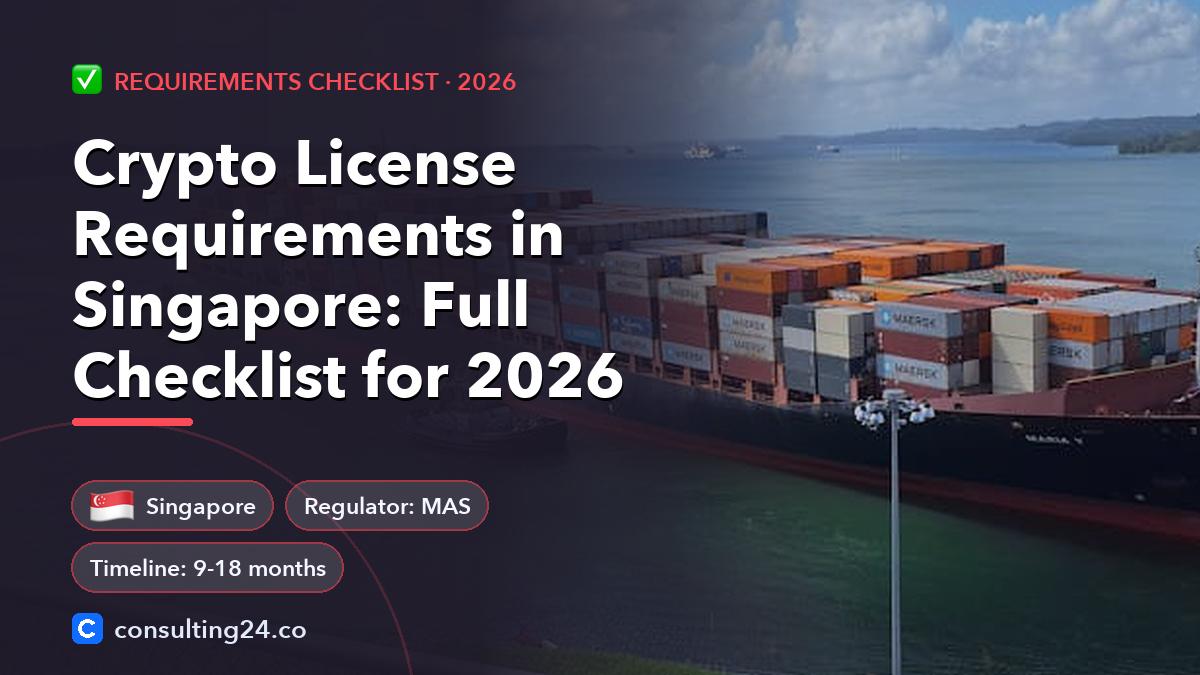Crypto License Requirements in Singapore: Full Checklist for 2026: cover image with the Singapore flag and regulator MAS, timeline 9-18 months (Requirements checklist, Consulting24)