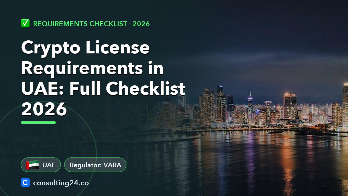 Crypto License Requirements in UAE: Full Checklist 2026: cover image with the UAE flag and regulator VARA (Requirements checklist, Consulting24)