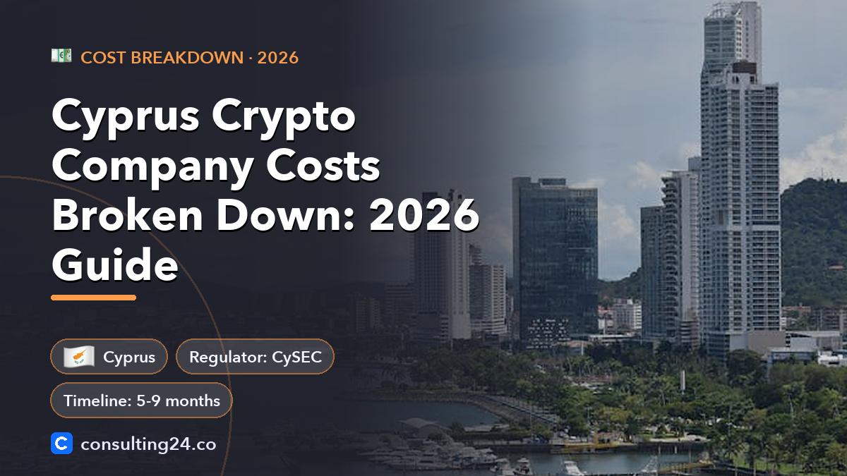 Cyprus Crypto Company Costs Broken Down: 2026 Guide: cover image with the Cyprus flag and regulator CySEC, timeline 5-9 months (Cost breakdown, Consulting24)