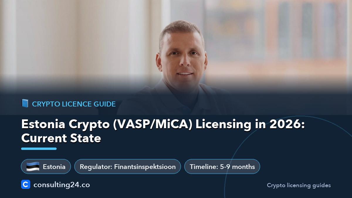 Estonia Crypto (VASP/MiCA) Licensing in 2026: Current State: cover image with the Estonia flag and regulator Finantsinspektsioon, timeline 5-9 months (Crypto licence guide, Consulting24)