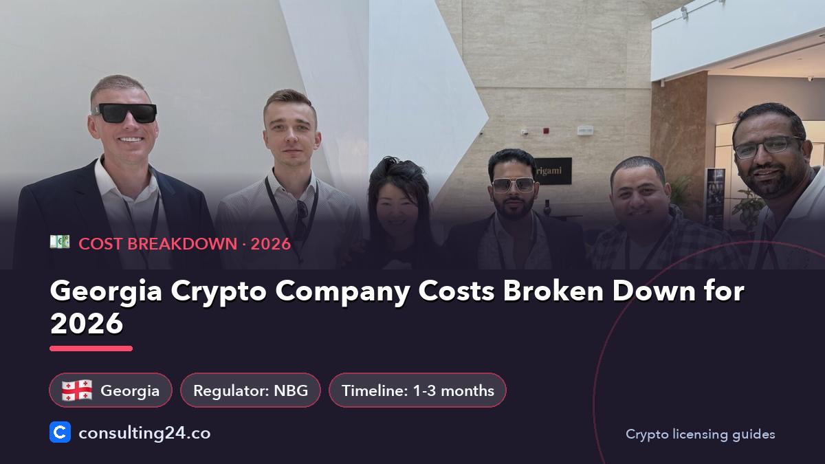 Georgia Crypto Company Costs Broken Down for 2026: cover image with the Georgia flag and regulator NBG, timeline 1-3 months (Cost breakdown, Consulting24)
