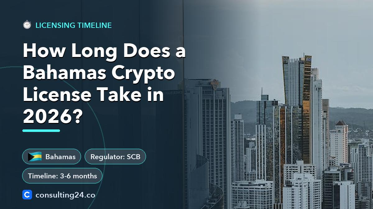 How Long Does a Bahamas Crypto License Take in 2026: cover image with the Bahamas flag and regulator SCB, timeline 3-6 months (Licensing timeline, Consulting24)