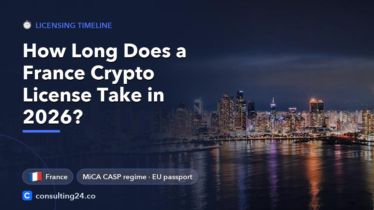 How Long Does a France Crypto License Take in 2026: cover image with the France flag and MiCA CASP regime · EU passport (Licensing timeline, Consulting24)