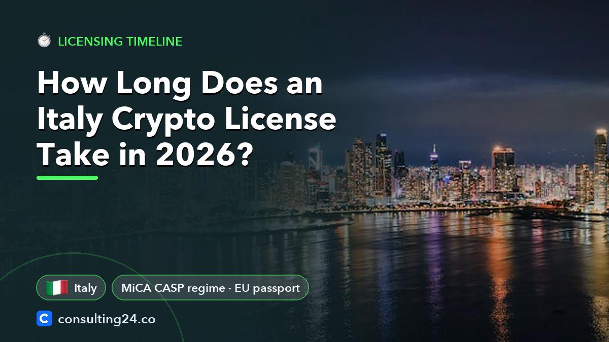 How Long Does an Italy Crypto License Take in 2026: cover image with the Italy flag and MiCA CASP regime · EU passport (Licensing timeline, Consulting24)