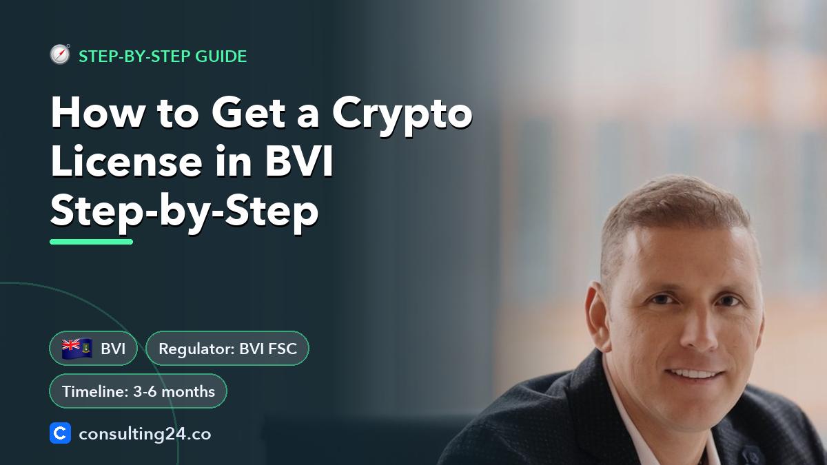How to Get a Crypto License in BVI Step-by-Step: cover image with the BVI flag and regulator BVI FSC, timeline 3-6 months (Step-by-step guide, Consulting24)
