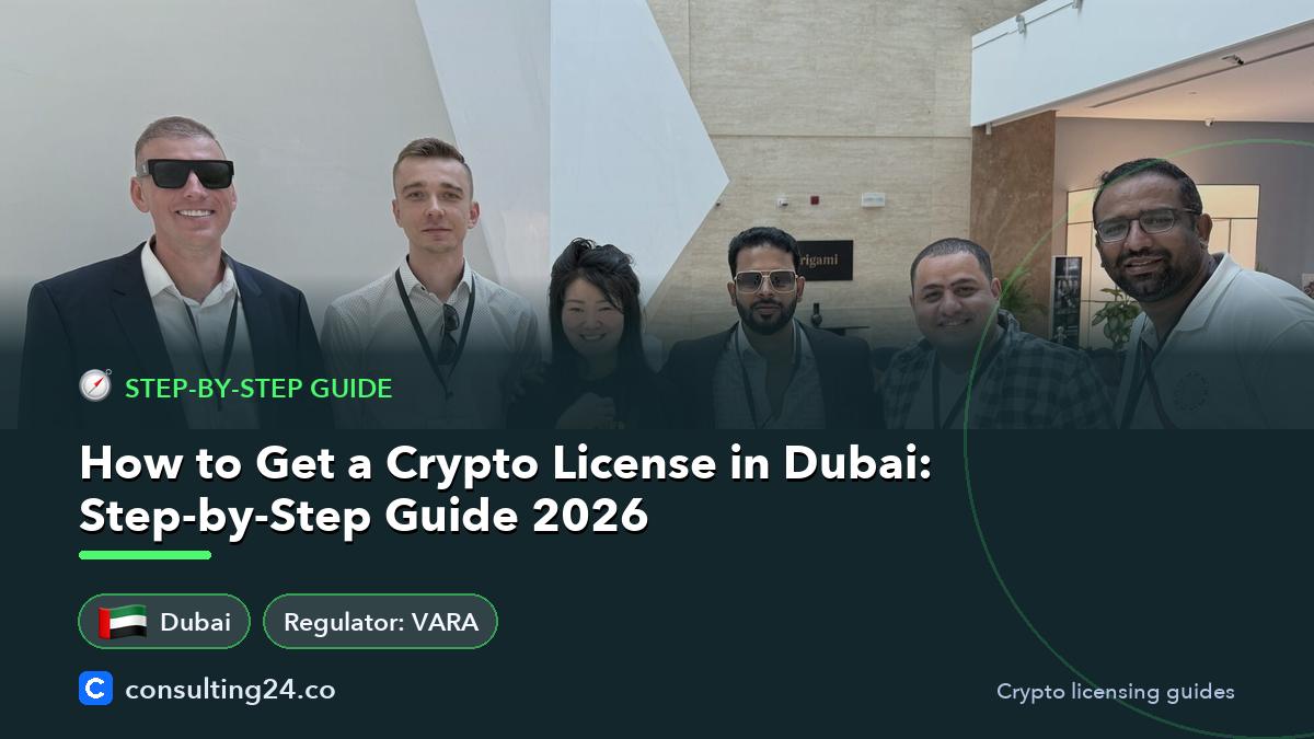 How to Get a Crypto License in Dubai: Step-by-Step Guide 2026: cover image with the UAE flag and regulator VARA (Step-by-step guide, Consulting24)