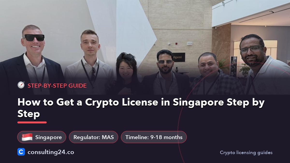 How to Get a Crypto License in Singapore Step by Step: cover image with the Singapore flag and regulator MAS, timeline 9-18 months (Step-by-step guide, Consulting24)