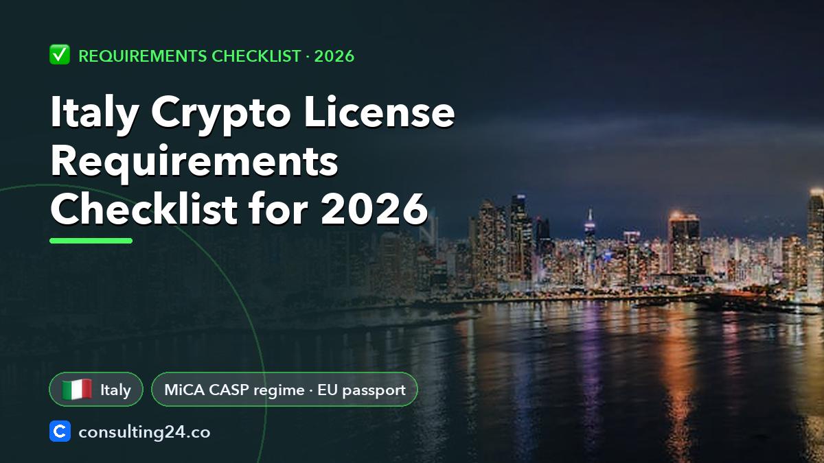 Italy Crypto License Requirements Checklist for 2026: cover image with the Italy flag and MiCA CASP regime · EU passport (Requirements checklist, Consulting24)