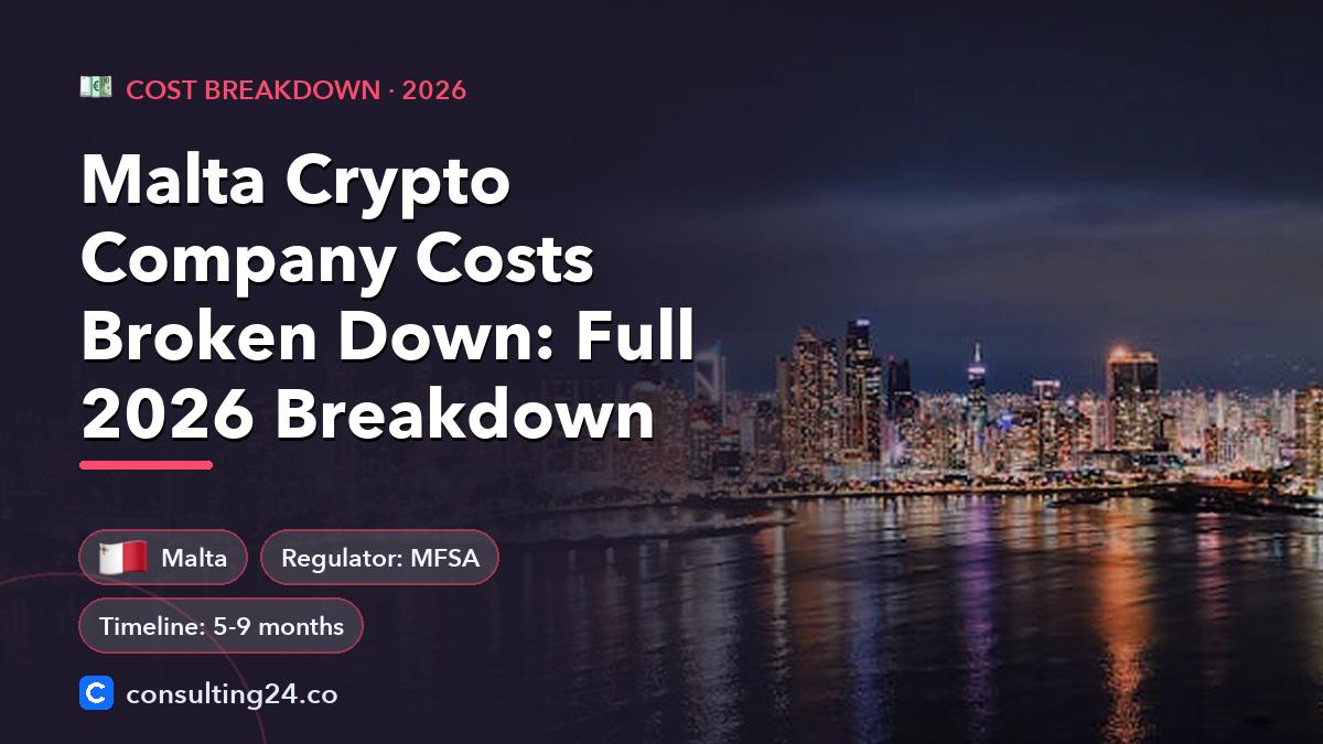 Malta Crypto Company Costs Broken Down: Full 2026 Breakdown: cover image with the Malta flag and regulator MFSA, timeline 5-9 months (Cost breakdown, Consulting24)