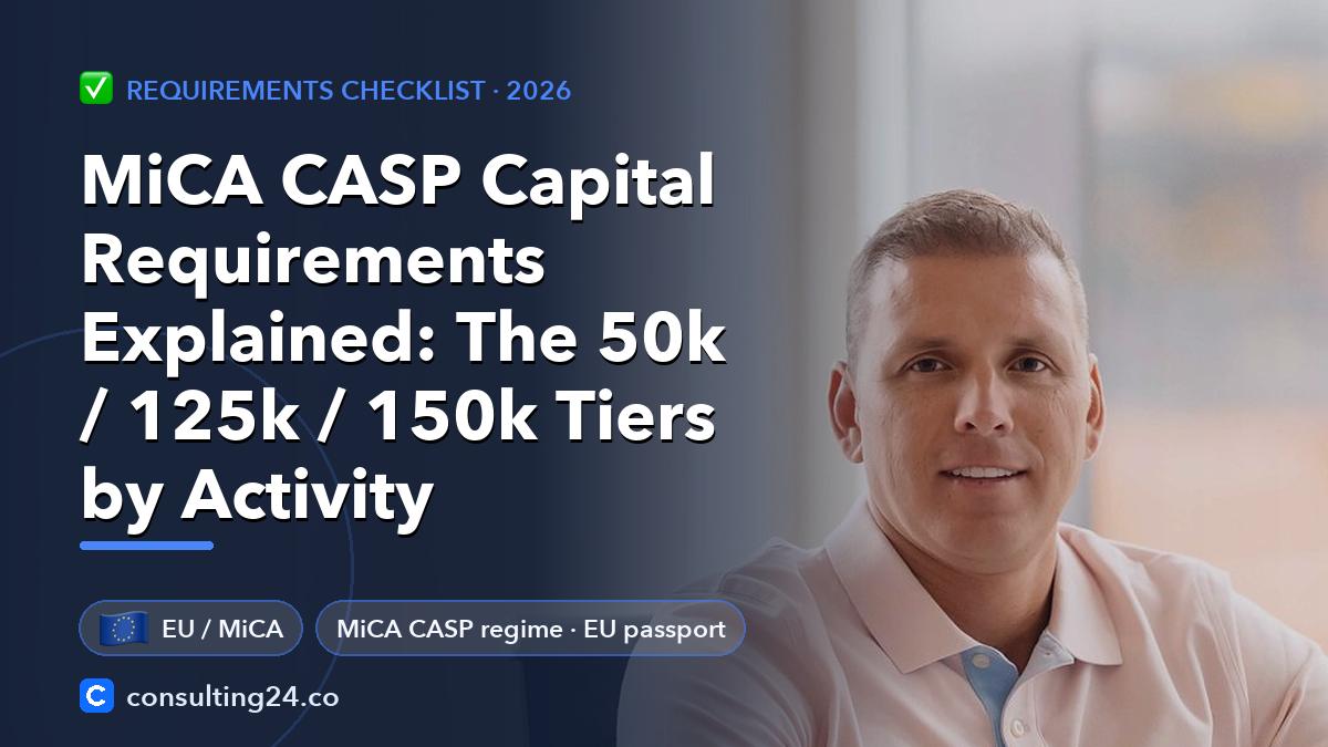 MiCA CASP Capital Requirements Explained: The 50k / 125k / 150k Tiers by Activity: cover image with the EU flag and MiCA CASP regime · EU passport (Requirements checklist, Consulting24)