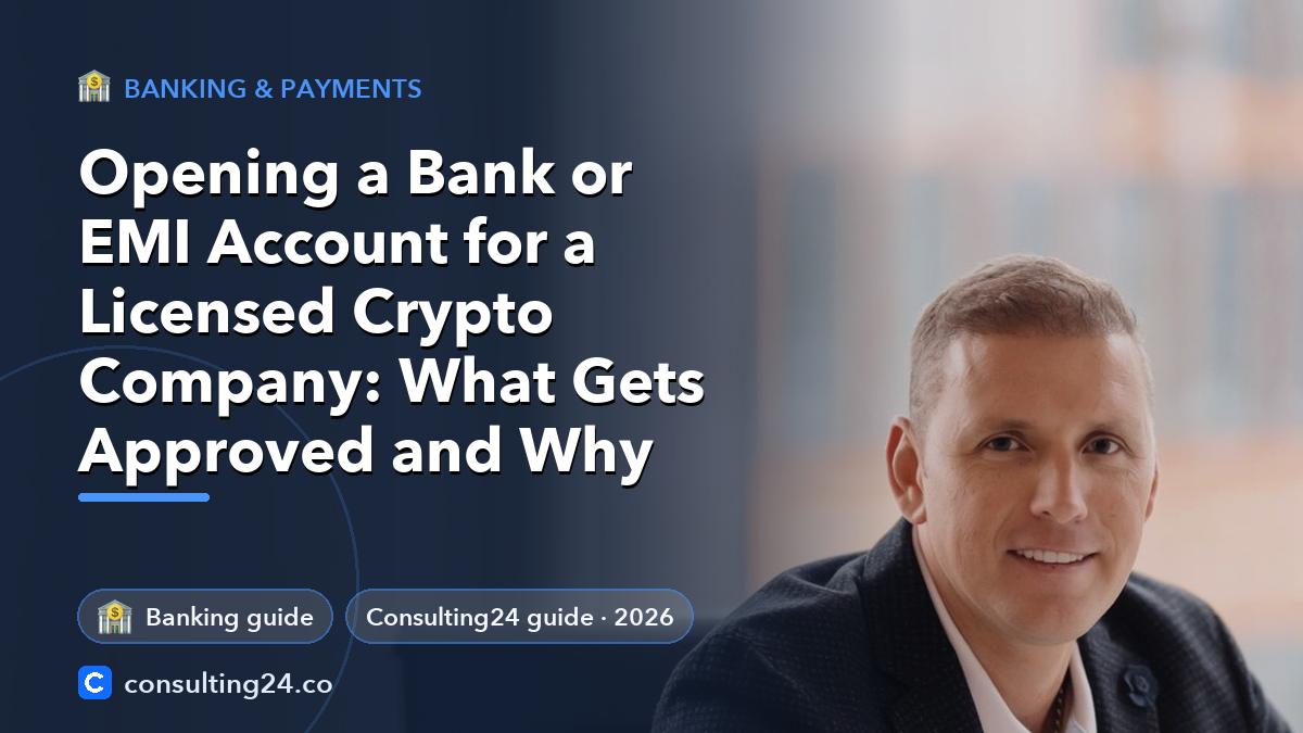 Opening a Bank or EMI Account for a Licensed Crypto Company: What Gets Approved and Why: cover image (Banking & payments, Consulting24)