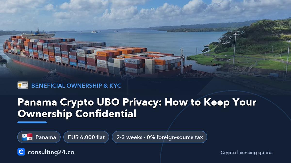 Panama Crypto UBO Privacy: How to Keep Your Ownership Confidential: cover image with the Panama flag and EUR 6,000 flat, 2-3 weeks · 0% foreign-source tax (Beneficial ownership & KYC, Consulting24)