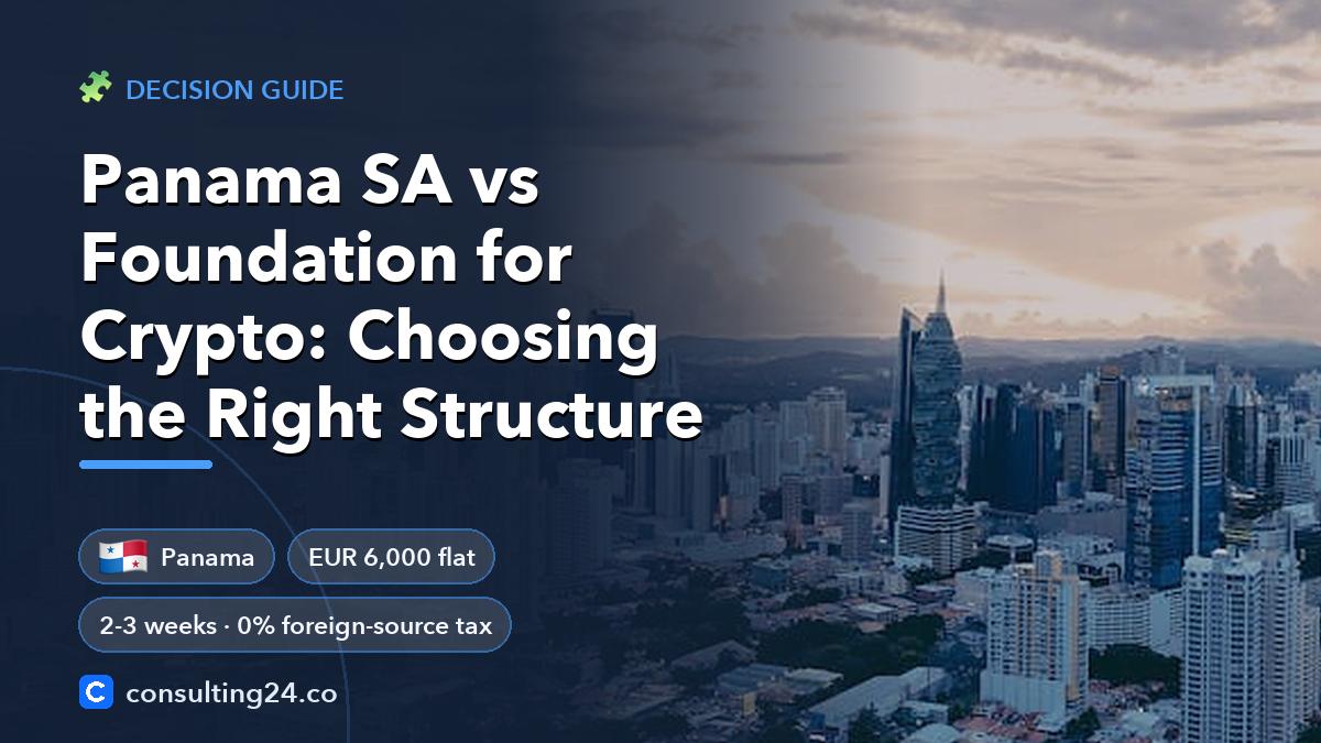 Panama SA vs Foundation for Crypto: Choosing the Right Structure: cover image with the Panama flag and EUR 6,000 flat, 2-3 weeks · 0% foreign-source tax (Decision guide, Consulting24)