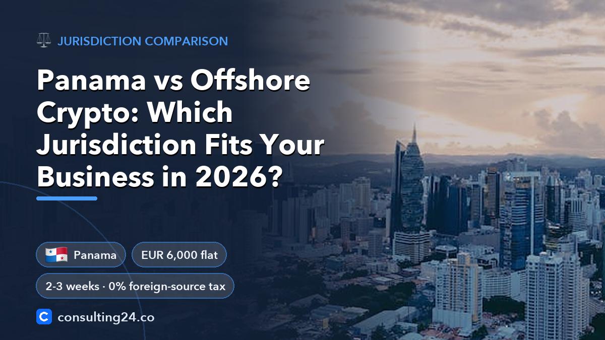 Panama vs Offshore Crypto: Which Jurisdiction Fits Your Business in 2026: cover image with the Panama flag and EUR 6,000 flat, 2-3 weeks · 0% foreign-source tax (Jurisdiction comparison, Consulting24)