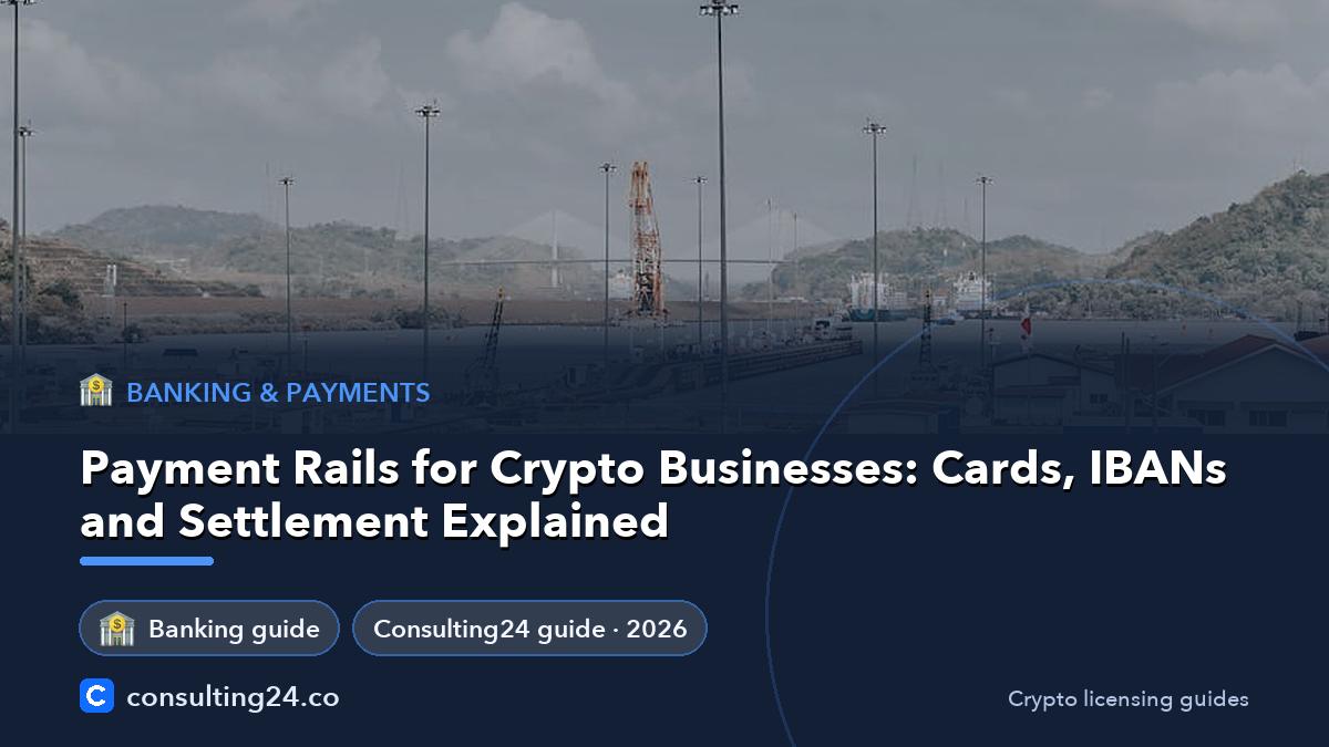 Payment Rails for Crypto Businesses: Cards, IBANs and Settlement Explained: cover image (Banking & payments, Consulting24)