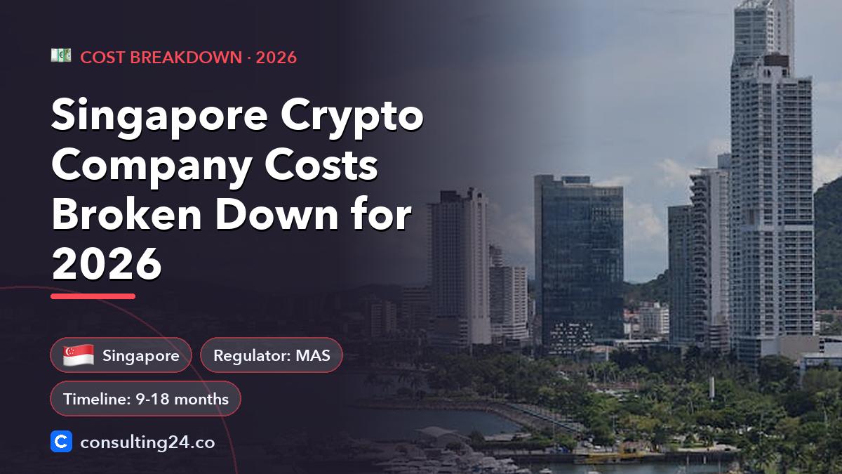 Singapore Crypto Company Costs Broken Down for 2026: cover image with the Singapore flag and regulator MAS, timeline 9-18 months (Cost breakdown, Consulting24)