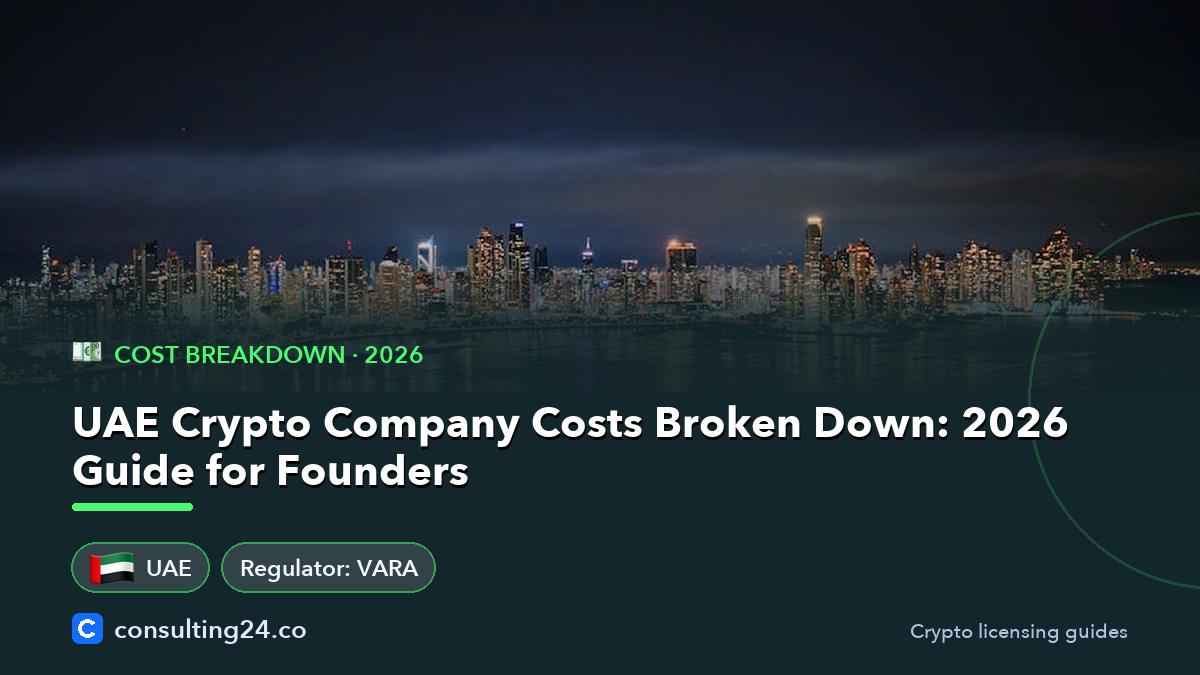UAE Crypto Company Costs Broken Down: 2026 Guide for Founders: cover image with the UAE flag and regulator VARA (Cost breakdown, Consulting24)